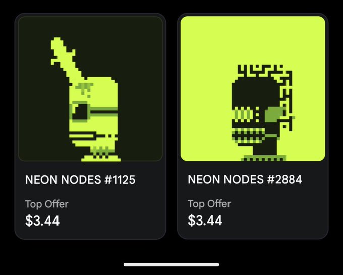 Two pixel-art NFT listings from 'NEON NODES' collection showing 'NEON NODES #1125' (with a torch design) and 'NEON NODES #2884' (with a skull design), both with a top offer of $3.44.