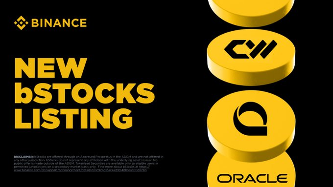 A Binance promotional graphic announces "NEW bSTOCKS LISTING" in bold yellow text, showing the Binance logo alongside coin-shaped icons for "CII" and "ORACLE".