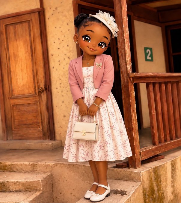 A young girl wearing a pink blazer, a white floral dress, a white fascinator, and holding a small white handbag stands on the steps of a rustic building marked with the number '2'.