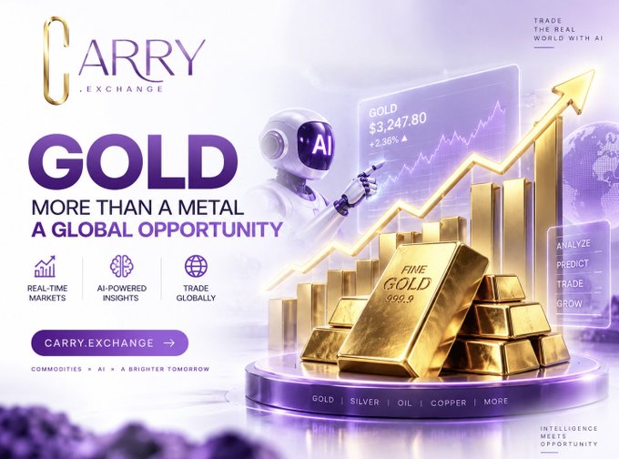 An advertisement for 'CARRY EXCHANGE' featuring gold bars, an AI robot, and text promoting 'GOLD - MORE THAN A METAL, A GLOBAL OPPORTUNITY' with features like 'REAL-TIME MARKETS', 'AI-POWERED INSIGHTS', and 'TRADE GLOBALLY'.