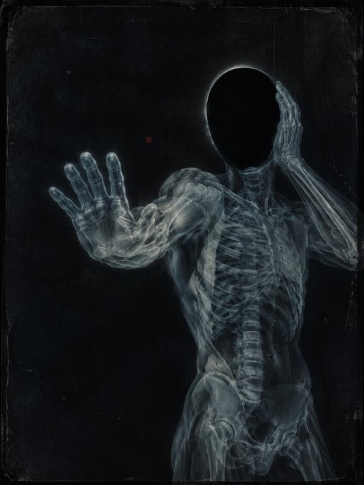 An x-ray style image of a humanoid figure with a blank black circular head, holding one hand up in a stopping gesture against a dark background.
