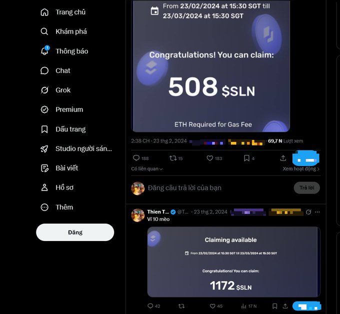 The image shows a Twitter/X sidebar navigation menu alongside social media posts announcing crypto airdrop claims of 508 $SLN and 1172 $SLN, with a promotional banner highlighting a February 23 to March 23, 2024 claiming window. These posts align with the accompanying caption about "Thin" performing an impressive airdrop play involving a "cat-rearing" strategy that yielded substantial SLN token rewards.