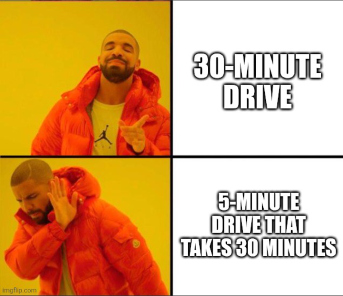The classic 'Drake' meme format in four panels, where Drake approves of a '30-MINUTE DRIVE' and rejects a '5-MINUTE DRIVE THAT TAKES 30 MINUTES'.