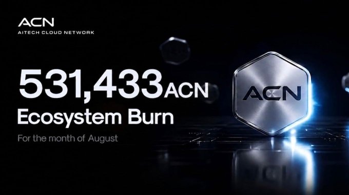 A dark promotional graphic for ACN (Aitech Cloud Network) announcing '531,433 ACN Ecosystem Burn For the month of August' with a metallic ACN hexagon logo.