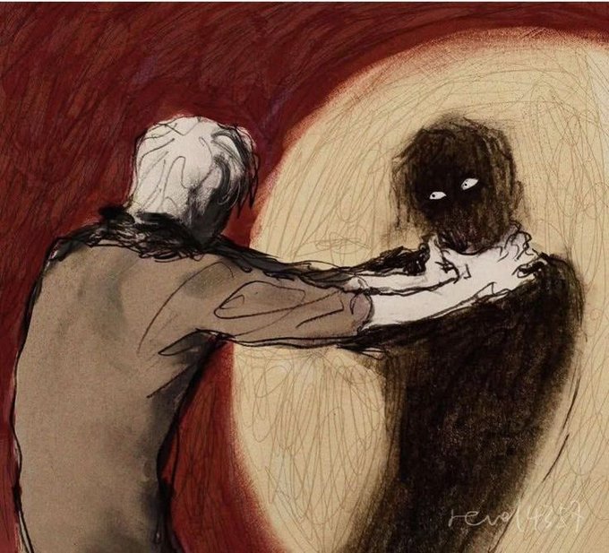 An expressive painting with two figures, one embracing a shadowy figure with glowing eyes, signed 'Henl 1989' in the bottom right corner.