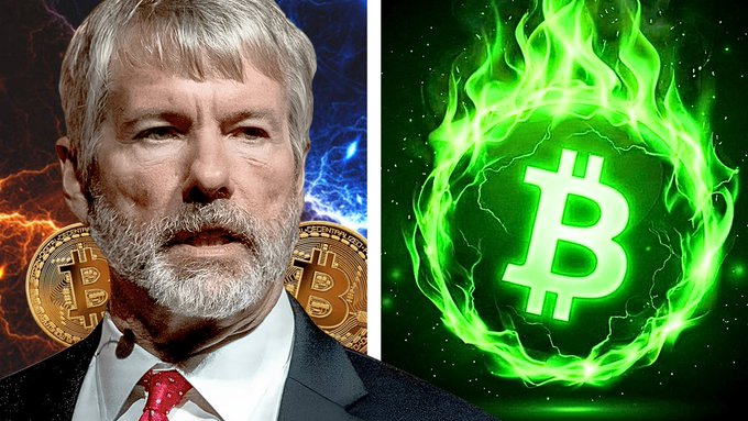 Composite image showing Michael Saylor next to a Bitcoin logo and Bitcoin coins on the left, and a flaming green Bitcoin emblem on the right.