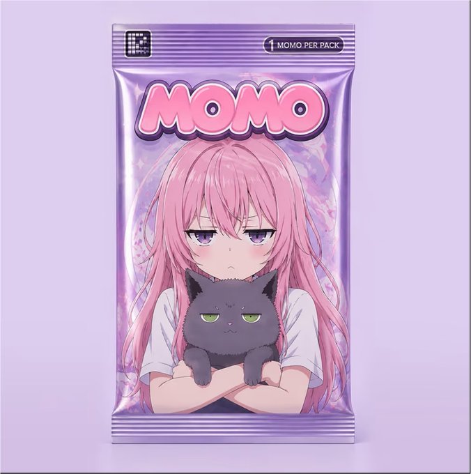 A purple packaging-style illustration labeled "MOMO" features an anime girl with long pink hair holding a grumpy-looking dark cat, with "1 MOMO PER PACK" displayed at the top—serving as the official artwork for the MOMO NFT collection (Supply 4,444) being minted on the blockchain.