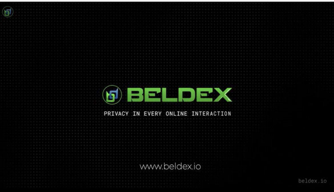 A promotional graphic on a dark background featuring the green 'BELDEX' logo with the tagline 'PRIVACY IN EVERY ONLINE INTERACTION' and the website www.beldex.io.