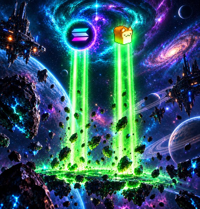 A vibrant digital artwork depicting a space scene where a Solana logo and a blocky character are beaming bright green energy down onto asteroids, surrounded by swirling galaxies and spaceships.