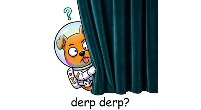 The image features a cartoon dog wearing an orange jumpsuit with a white helmet, standing behind a curtain that has a green color. The caption of the image reads "derp derp? #memecoin #Solana #Crypto #Fun #Derp". This suggests that there is some sort of humorous or playful context to the scene involving the dog and the curtain.