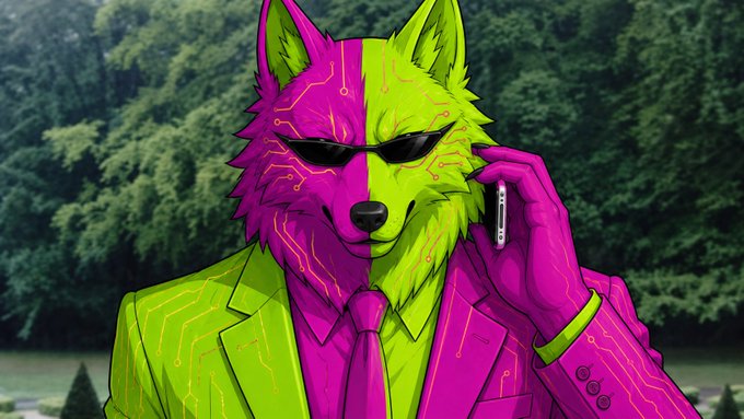 A digital illustration of an anthropomorphic wolf character wearing a bright pink and green suit with matching tie, holding a phone to their ear, with circuitry patterns overlaid on the design.