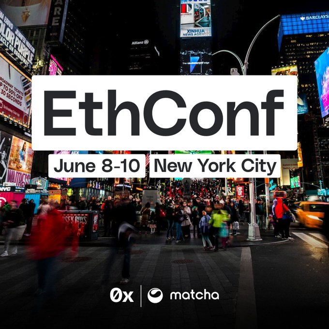 The image shows a busy street scene with people walking around, cars driving by, and tall buildings lining the street. The text "ETHCONF" is prominently displayed at the top of the image, indicating that this event is taking place in New York City. The text "june 8-10" suggests that it's an upcoming conference or meetup for Ethicon.