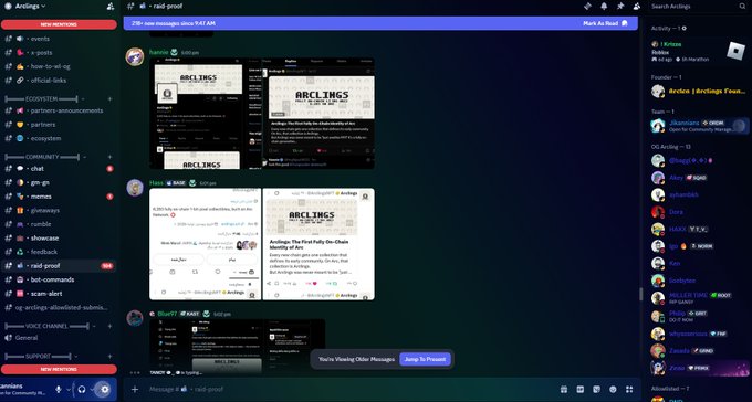 A Discord server interface named 'Arclings' displaying a chat channel with images of NFT collectibles, user lists in the right sidebar, and various server categories in the left sidebar.