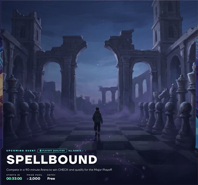 A fantasy-themed promotional graphic for "SPELLBOUND" featuring a lone figure standing on a chessboard between giant stone chess pieces and ruined archways, with event details including "STARTS IN 00:33:00", "PRIZE POOL 2,000", and "ENTRY Free".