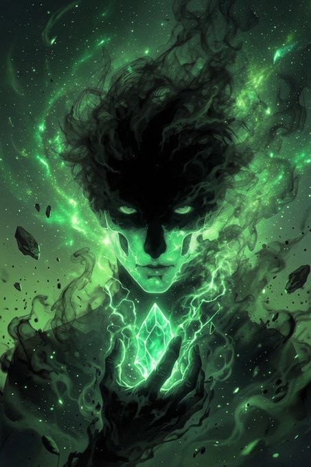 A dark fantasy digital illustration depicts a shadowy figure with glowing green eyes and wild dark hair holding a glowing green crystal, surrounded by swirling green energy and floating debris.