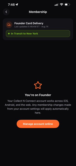 A screenshot of a Collect N membership page showing "Founder Card Delivery" status "In Transit to New York" as of 5:40 AM ET, Aug 14, with a message "You're on Founder" and a "Manage account online" button.