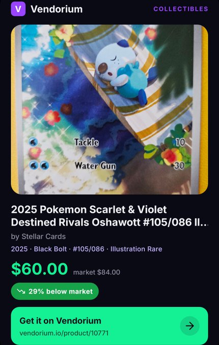 A Vendorium marketplace listing for a '2025 Pokemon Scarlet & Violet Destined Rivals Oshawott' trading card, priced at $60.00 with a market value of $84.00, marked as 29% below market.
