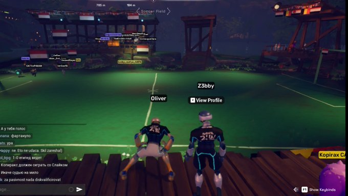 The image shows two people playing a video game, specifically a soccer game, with their characters standing on a field. The players are wearing black shirts and white shorts. They appear to be engaged in an intense match against each other. In the background of the image, there is text that reads "aqui jugando con los @CryptoCatsApe y @kopirax_blog en el @OthersideMeta y queda claro meti un goooolazo". This suggests that they are playing a soccer game on a website called @OthersideMeta. The image also contains the text "Focus on what is in the image and how it relates to the post".