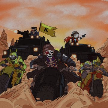 A retro-style illustration shows skeleton-faced bikers and futuristic riders on motorcycles riding through a desert landscape under an orange sky.