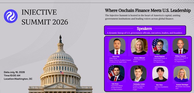 A promotional graphic for the 'INJECTIVE SUMMIT 2026' taking place July 16, 2026 at 10:00 AM in Washington, DC, featuring the U.S. Capitol building and listing speakers including Harry Haq, Emma Hildebrand, Hunter Sugarman, and William Tremont.