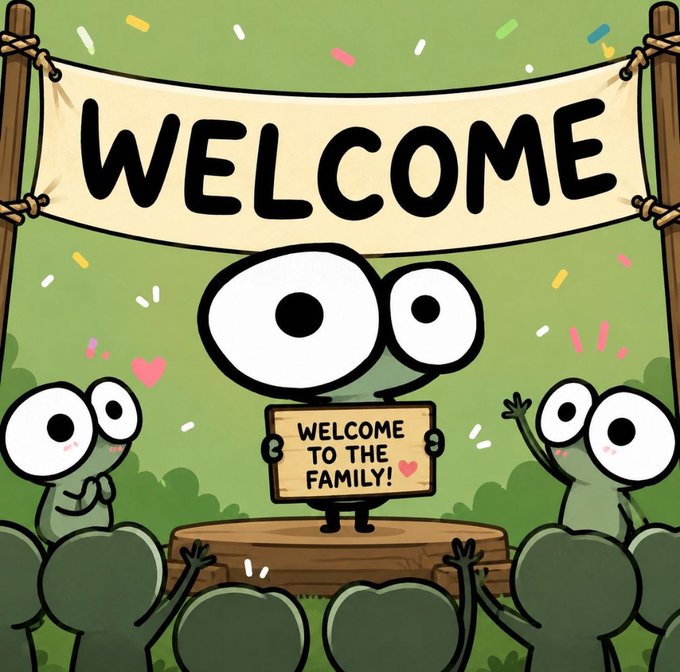 A cartoon frog holds a "WELCOME TO THE FAMILY!" sign on stage under a large "WELCOME" banner, surrounded by cheering frog characters and confetti, visually representing the warm community embrace described in the Kaifong ($KFG) meme coin launch post on Solana.