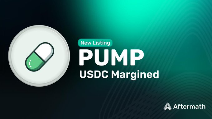 A promotional graphic announcing a 'New Listing' for 'PUMP' as 'USDC Margined' on the Aftermath platform, featuring a green and white pill icon.