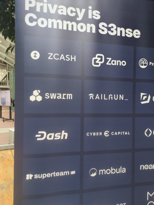 A dark event banner reads 'Privacy is Common S3nse' and displays logos of privacy-focused cryptocurrency projects including ZCASH, Zano, swarm, RAILGUN_, Cyber Capital, Dash, superteam, and mobula.