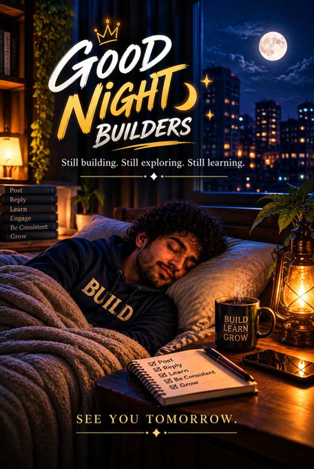 A motivational graphic titled 'GOOD NIGHT BUILDERS' features a sleeping young man next to a mug labeled 'BUILD LEARN GROW', with the tagline 'Still building. Still exploring. Still learning.'