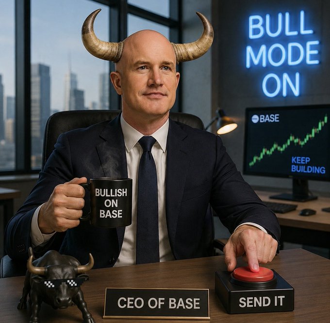 A man in a suit with bull horns sits at a desk labeled 'CEO OF BASE' holding a 'BULLISH ON BASE' mug, pressing a 'SEND IT' button with a 'BULL MODE ON' neon sign and an upward-trending BASE chart behind him.