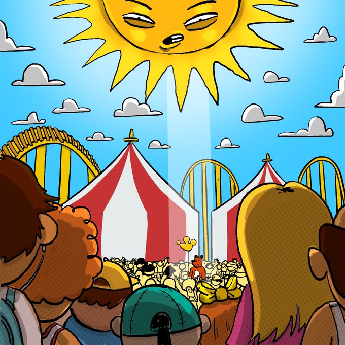 A vibrant cartoon illustration of a crowd at an outdoor festival or carnival, with people watching performers on a stage framed by red and white circus tents, roller coaster tracks in the background, and a large smiling sun shining overhead.