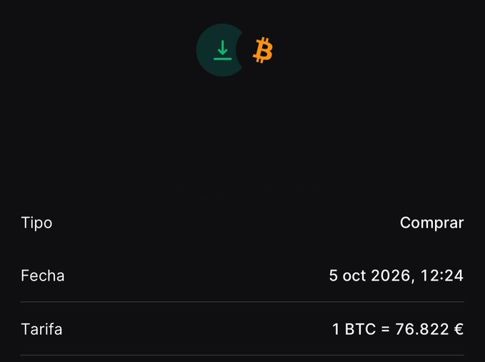 A cryptocurrency exchange confirmation screen showing a Bitcoin (BTC) purchase transaction dated 5 oct 2026, 12:24, at a rate of 1 BTC = 76.822 €.