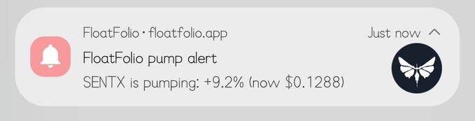 A mobile notification from FloatFolio (floatfolio.app) stating "FloatFolio pump alert - $ENTX is pumping: +9.2% (now $0.1288)".