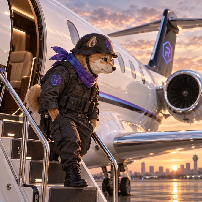 A Shiba Inu dog dressed in tactical gear, including a helmet, purple bandana, and vest with a logo, descends the stairs of a private jet at sunset.