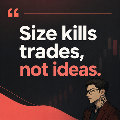 A dark-themed graphic displays the quote 'Size kills trades, not ideas.' with a stylized illustrated character wearing glasses and a red jacket alongside a subtle candlestick chart.