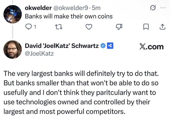A screenshot of a social media exchange where user @okwelder9 tweets "Banks will make their own coins," and Ripple CTO David 'JoelKatz' Schwartz replies explaining that while the very largest banks will try to do so, smaller banks won't be able to usefully and don't want to use technologies owned and controlled by their largest competitors. The post highlights Schwartz's foresight on the topic of banks creating their own stablecoins, referencing his earlier correct prediction about OUSD and teasing his prediction that XRP cannot remain dirt cheap, potentially reaching $1.