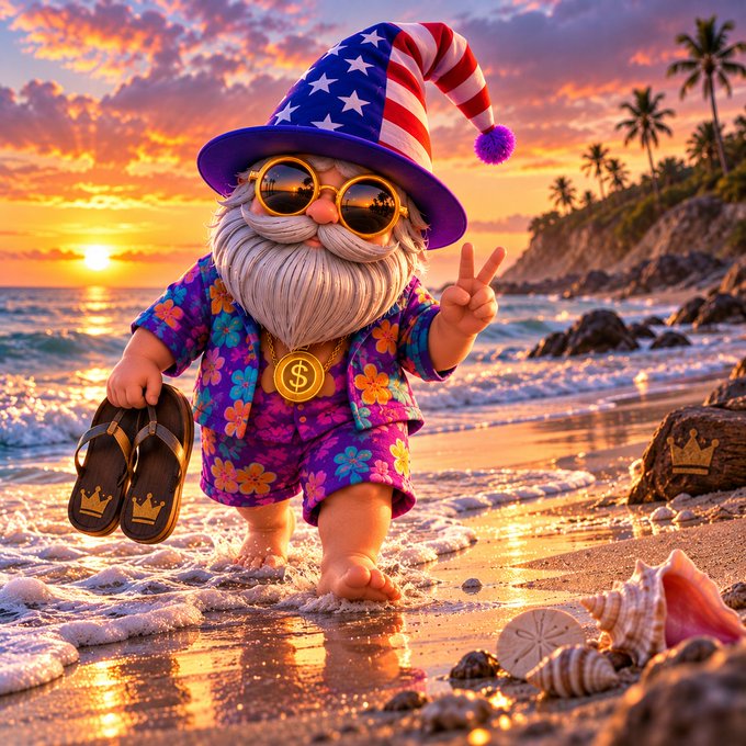 A digital illustration of a gnome with a white beard wearing an American flag hat, sunglasses, and a floral outfit, making a peace sign on a beach at sunset while holding sandals.