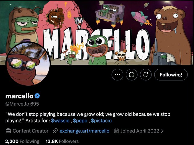 A Twitter/X profile page for "marcello" (@Marcello_695) with 13.8K followers, featuring the user "marcello" as an artist for $wassie, $pepo, and $pistacio tokens, with the bio linking to exchange.art/marcello—directly showcasing the $pistacio ticker mentioned in the accompanying post.