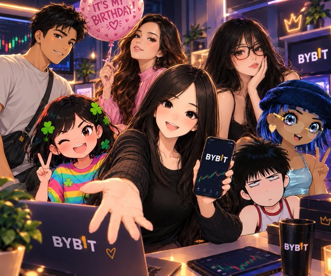 An anime-style illustration depicts a group of characters celebrating with an "IT'S MY BIRTHDAY" balloon and "BYBIT" branded phone, laptop, tumbler, and sign in a colorful room setting.
