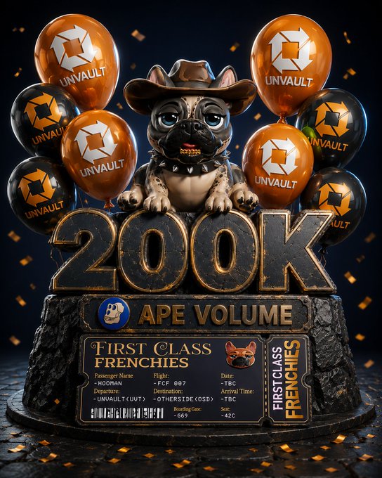 A 3D-rendered French Bulldog wearing a cowboy hat sits atop a cake-style centerpiece featuring "200K APE VOLUME" in bold gold lettering, surrounded by orange and black "UNVAULT" branded balloons and confetti. A "First Class Frenchies" boarding pass-style plaque below confirms the milestone of reaching 200K APE volume, visually celebrating the achievement mentioned in the post about GTD WL passes for the Frenchies mint.