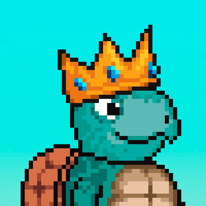 A pixel art turtle wearing an orange crown sits against a teal background, visually representing the Turtlefees NFT collection. The crowned turtle symbolizes the royalty/king concept tied to the project's reward distribution, where holders earn passive ETH income simply by holding their turtle NFTs.