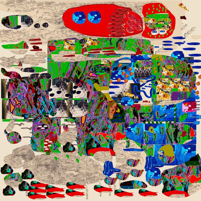 Abstract digital collage composed of fragmented, colorful shapes and patterns in red, blue, green, and yellow.