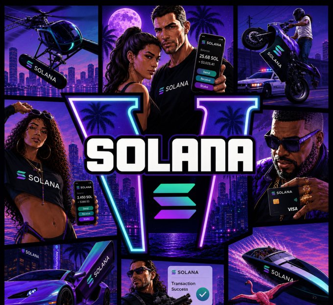 The image features a collage of various elements, including a man holding a motorcycle, a woman with sunglasses, and other people posing for photos. The main focus of the image is a man holding up a phone that says "@solana". This suggests that the image might be related to a social media post or an advertisement promoting the @solana version of a video game.
