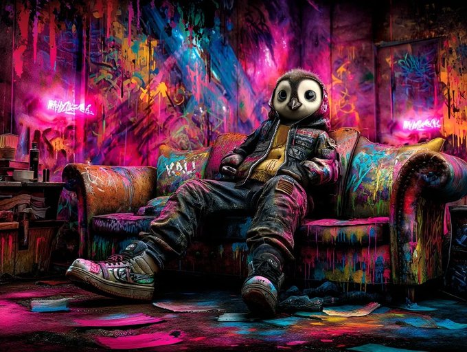 A dark, highly stylized illustration depicts a figure wearing a large owl head mask, sitting on a graffiti-covered couch in a neon-lit, urban environment.