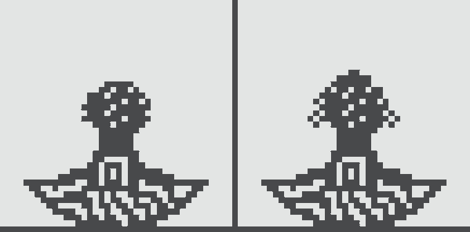 Two pixel-art icons of a mushroom-headed figure in a meditative lotus pose appear side by side on a white background.