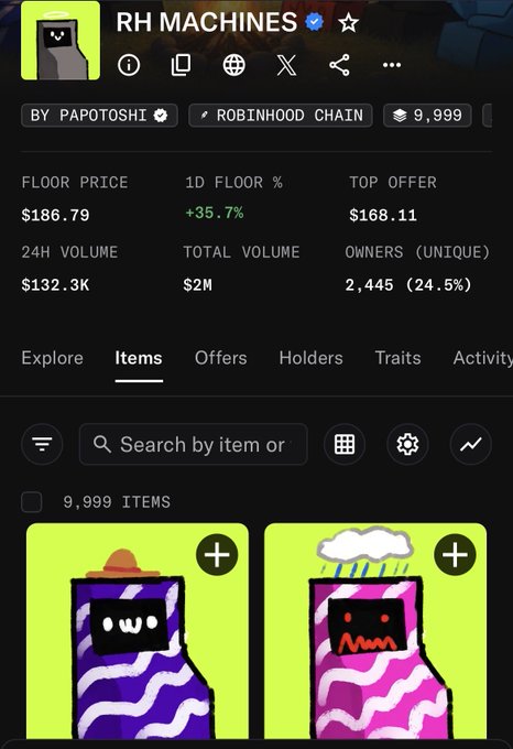 The image shows a NFT marketplace listing for "RH MACHINES" on Robinhood Chain by Papotoshi, featuring 9,999 items with a floor price of $186.79 and 24-hour trading volume of $132.3K, alongside preview images of colorful purple and pink machine-themed NFTs.

This image relates to the post by providing visual evidence supporting the claims about the RH MACHINES NFT collection, showing real-time metrics like the 35.7% 24-hour floor price increase, total volume of $2M, and active trading activity that justifies the user's "X10" returns claim and bullish comparison to similar NFT projects like Quotrons.