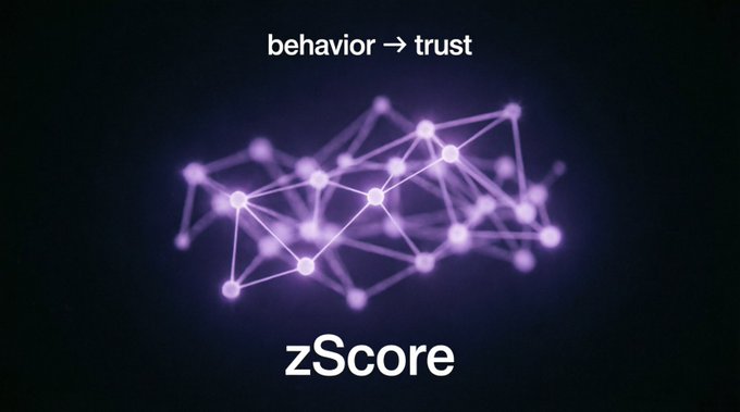A graphic showing a glowing purple network diagram with text reading 'behavior → trust' at the top and 'zScore' at the bottom.