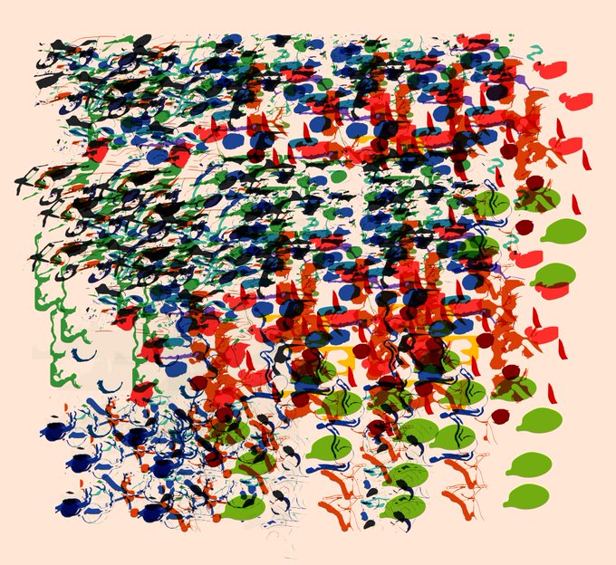 An abstract artwork with chaotic splatters and strokes of red, blue, green, and black paint arranged in a roughly square composition on a cream background, evoking mirrored or Rorschach-like patterns.