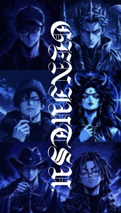 A blue-tinted digital artwork featuring six stylized character portraits with the vertical text "GENJUTSU" overlaid, presented as the second piece in the "Glitch People Collection" NFT series currently minting. The artwork showcases distinct characters with unique features (glasses, horns, cowboy hats, dreadlocks) rendered in a moody, monochromatic blue palette that reinforces the mystical genjutsu theme.
