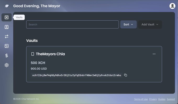 A Chia Network wallet interface displaying a vault named 'TheMayors Chia' containing 500 XCH (900.00 USD) with the address xch115nj0wf4qhb9dhx5r28j2tu7pfq55n6rf40mr2w8j2y9vxk2t6st2ruhu, greeting 'The Mayor'.