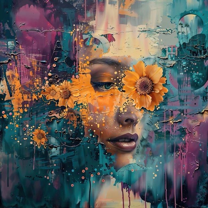 A vibrant digital artwork showing a woman's face partially obscured by yellow sunflowers, with colorful paint drips and splatters in shades of teal, orange, and pink covering the canvas.